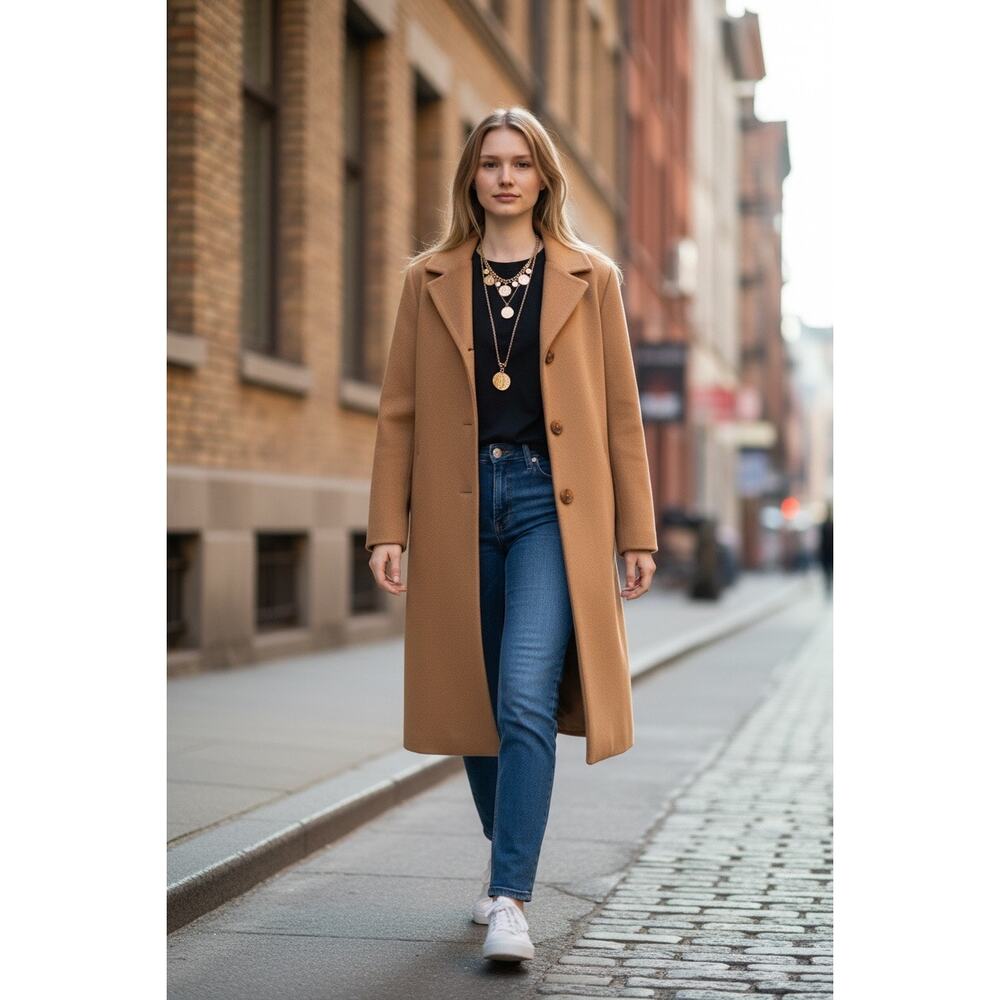 Womens Calvin Klein Camel Single Breasted Angora Wool Mid-Length Coat - Size 8